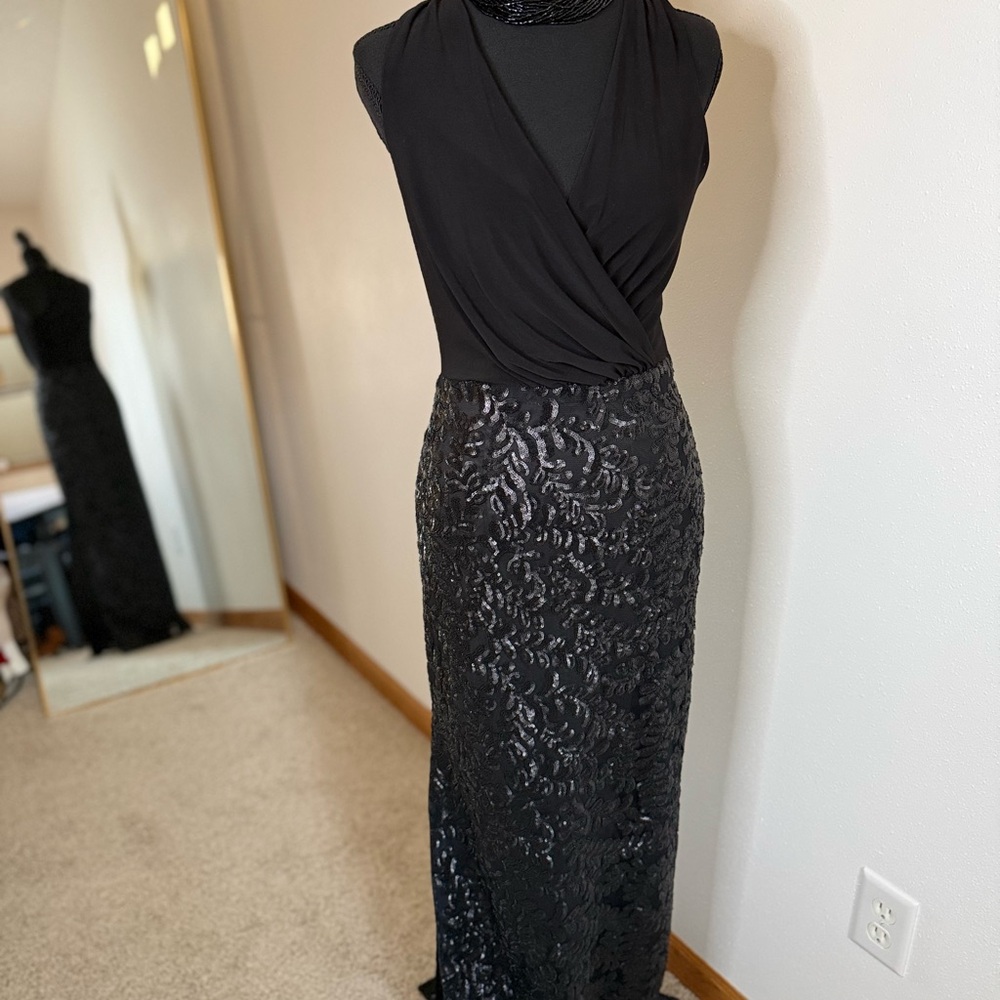 Aidan by Aidan Mattox Black Sequin Maxi Gown Draped Formal Dress Size 2